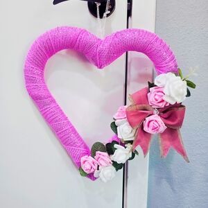 Pink Heart-Shaped Wreath with White and Pink Flowers